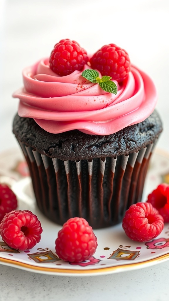Chocolate raspberry cupcake with pink frosting and fresh raspberries on top