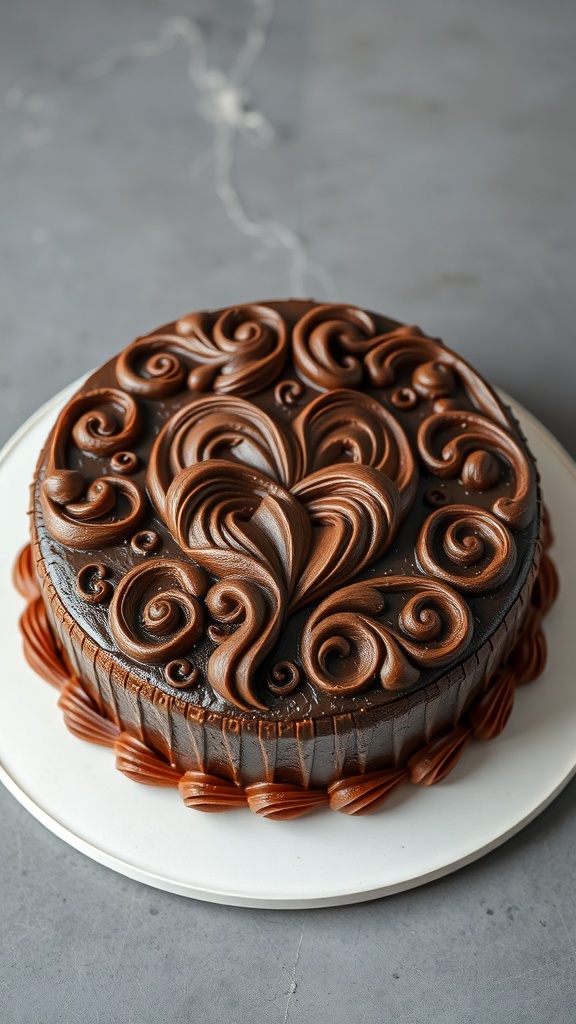 A beautifully sculpted chocolate cake with intricate designs.