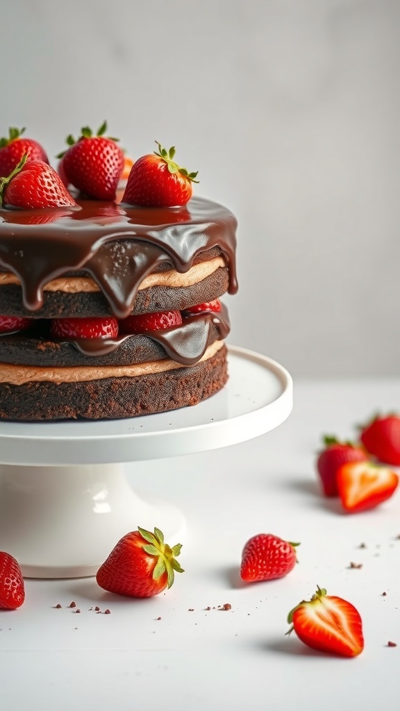 A delicious Chocolate Strawberry Layer Cake with fresh strawberries on top and chocolate ganache drizzling down the sides.