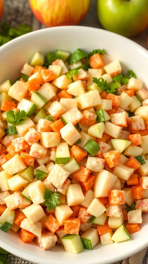 A colorful chopped autumn salad with diced apples, carrots, and cucumbers in a white bowl.
