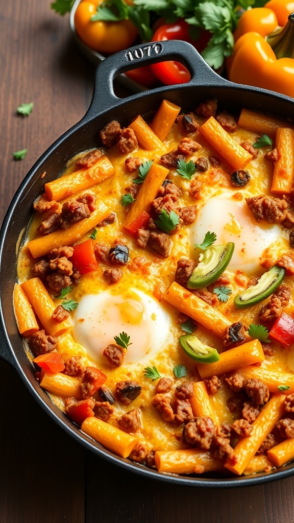 A colorful chorizo and pepper breakfast casserole in a skillet, topped with eggs and garnished with cilantro.