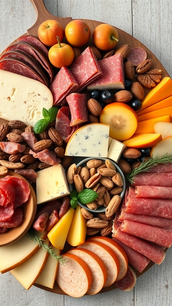 A beautifully arranged Christmas charcuterie board with various meats, cheeses, fruits, and nuts.