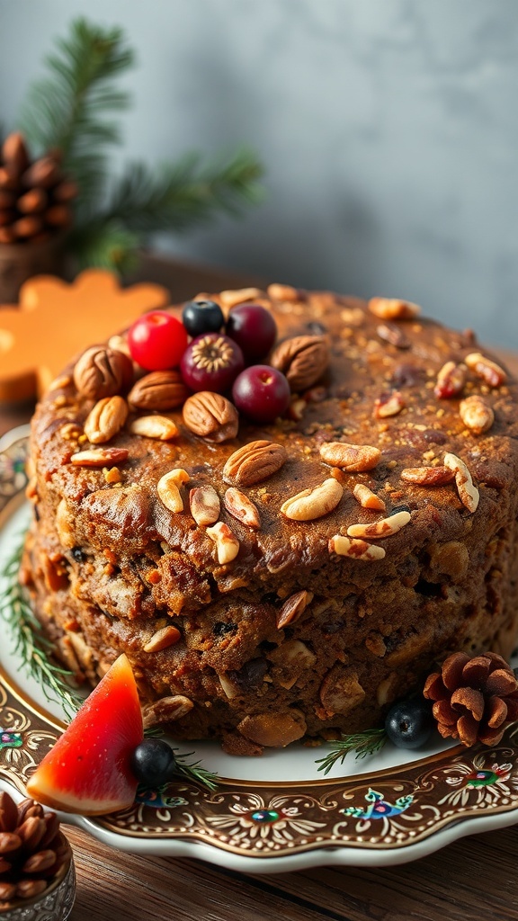 A beautifully decorated Christmas fruitcake topped with nuts and fruits, set on a festive plate.