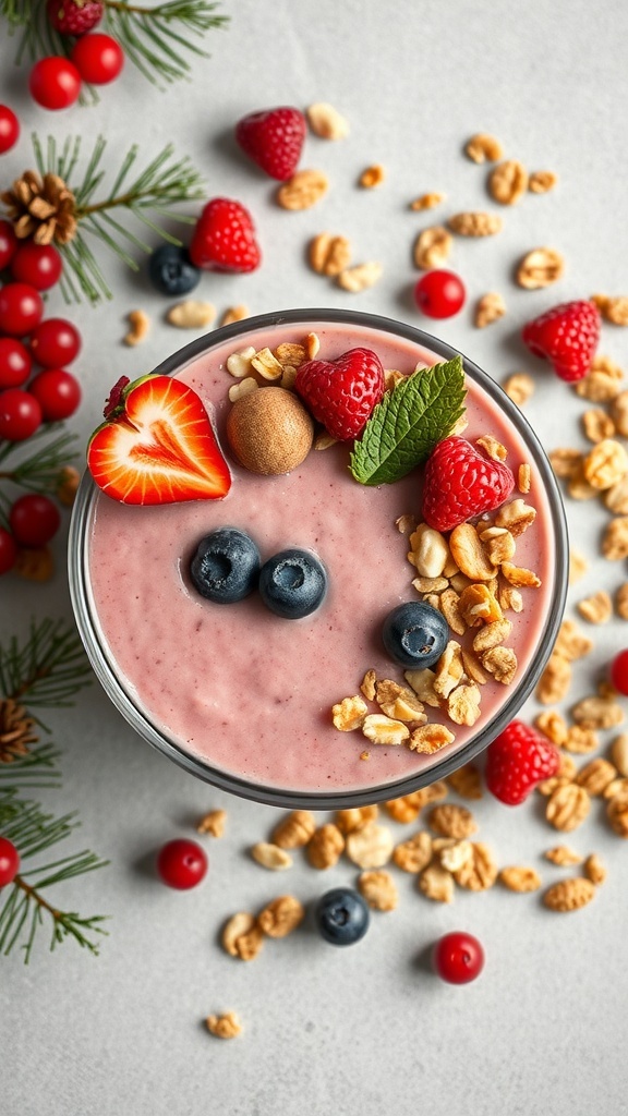 A festive smoothie bowl topped with berries, granola, and nuts, surrounded by Christmas decorations.