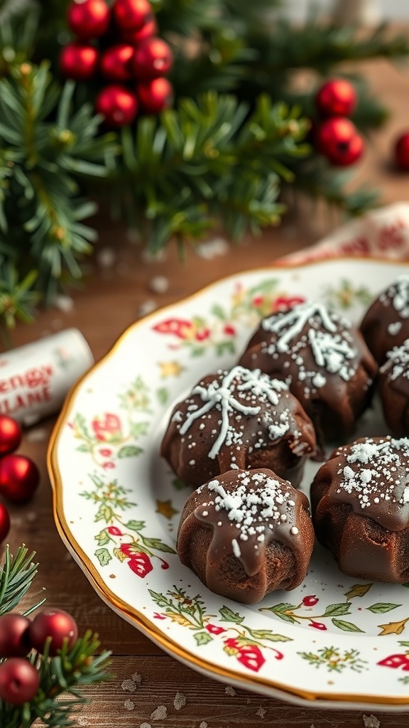 A plate of Christmas pudding truffles decorated with sprinkles, surrounded by festive greenery and red ornaments.