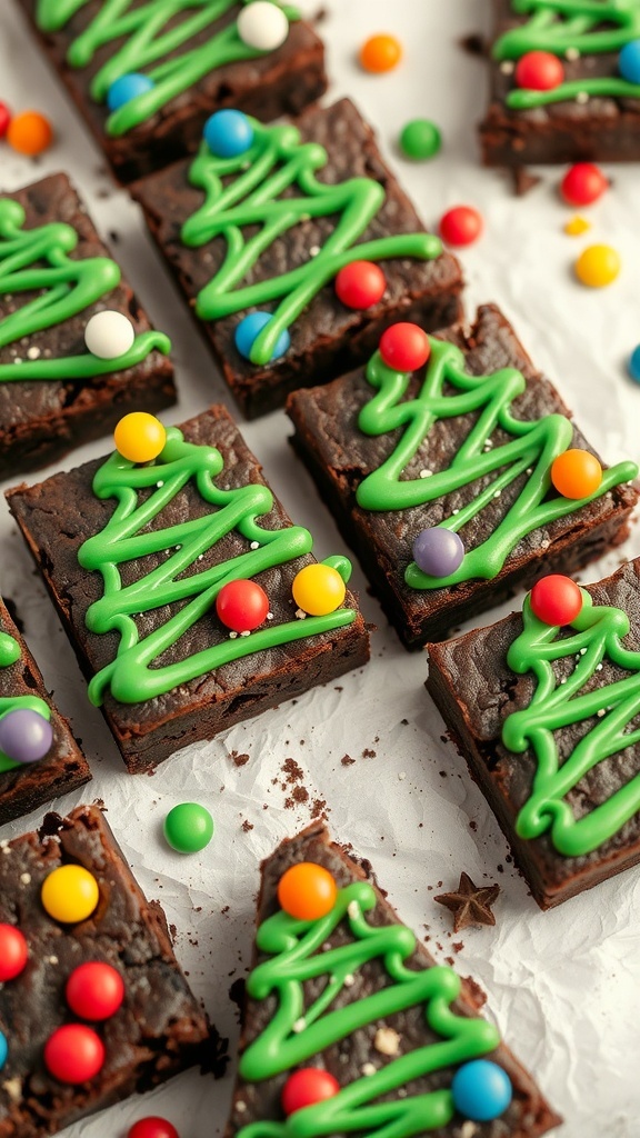 Festive Christmas Tree Brownies decorated with icing and candies
