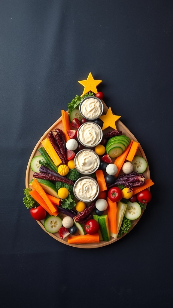 A festive vegetable platter shaped like a Christmas tree, featuring colorful veggies and dips.