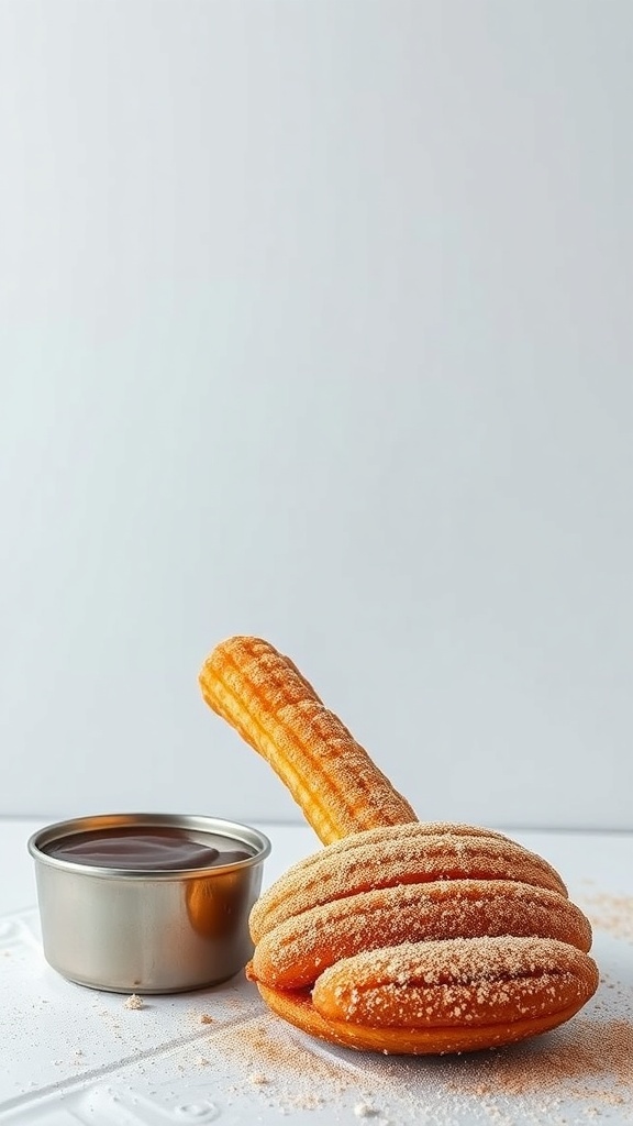 A churro with cinnamon sugar and a bowl of chocolate sauce.