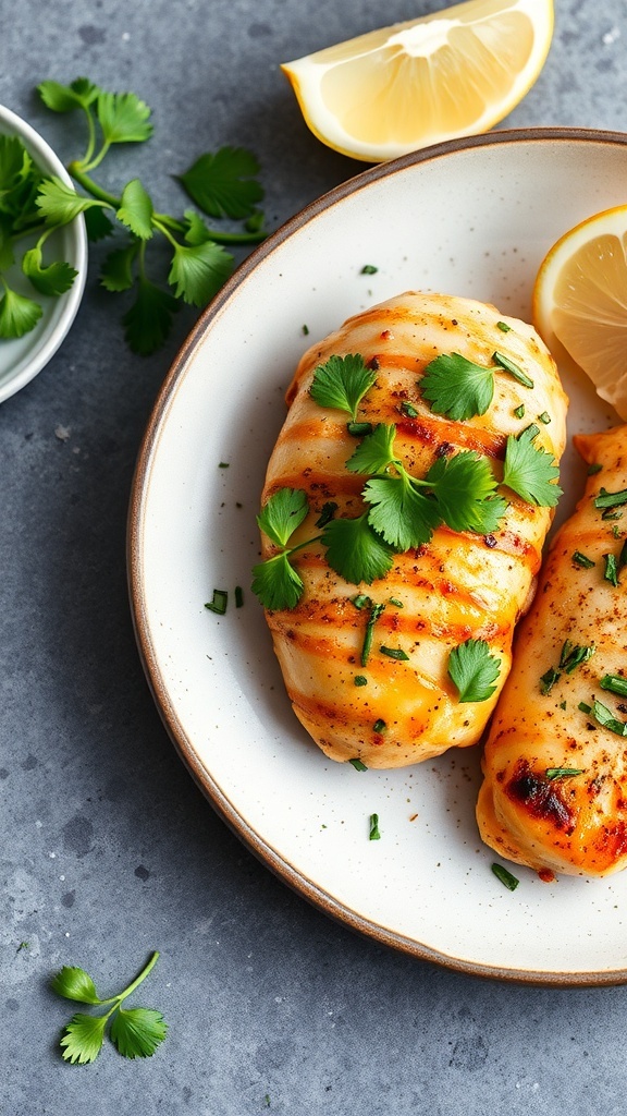 Grilled cilantro garlic chicken breasts garnished with fresh cilantro and lemon slices.