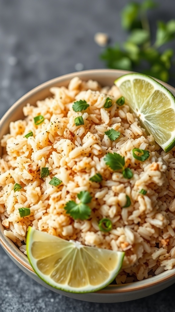 A bowl of cilantro lime brown rice garnished with lime wedges and cilantro.