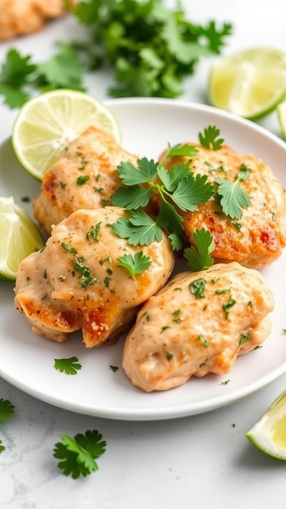 Cilantro lime chicken thighs garnished with cilantro and lime wedges on a white plate.