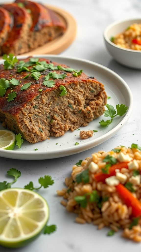 A slice of cilantro lime meatloaf garnished with cilantro, served with orzo salad and lime wedges.