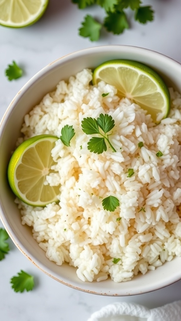 A bowl of cilantro lime rice garnished with lime slices and fresh cilantro.