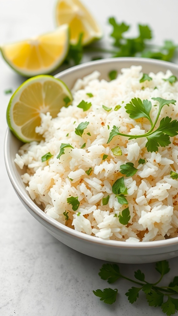 Bowl of cilantro lime rice garnished with lime wedges and fresh cilantro
