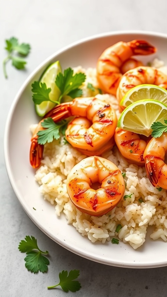 A bowl of cilantro lime rice topped with grilled shrimp and lime wedges, garnished with fresh cilantro.