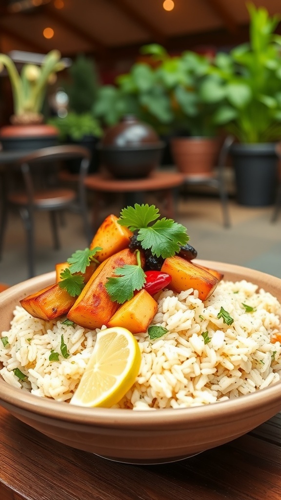 A bowl of cilantro lime rice topped with grilled vegetables and a lemon wedge, set in a cozy dining environment.