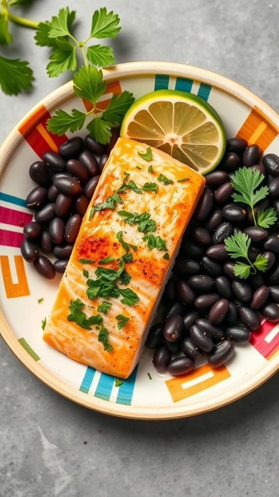 Cilantro Lime Salmon served with black beans and lime on a colorful plate