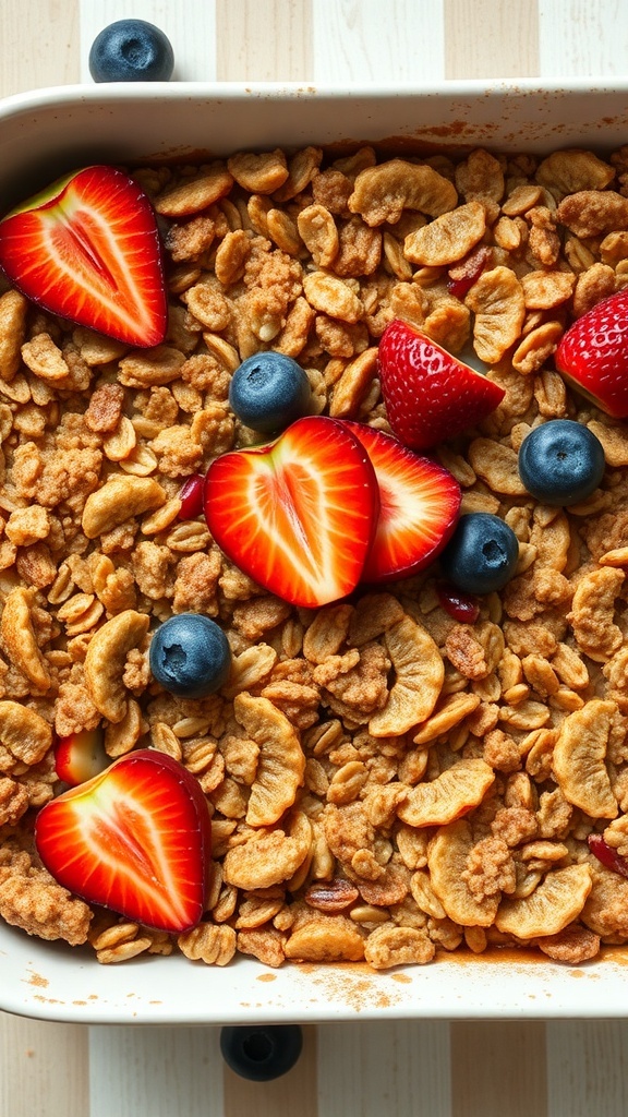 A warm cinnamon-spiced oatmeal bake topped with strawberries and blueberries