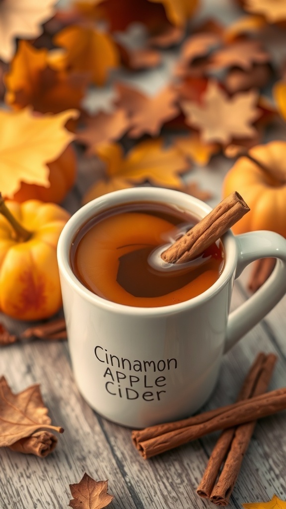 A cozy cup of Cinnamon Apple Cider Coffee surrounded by autumn leaves and pumpkins.