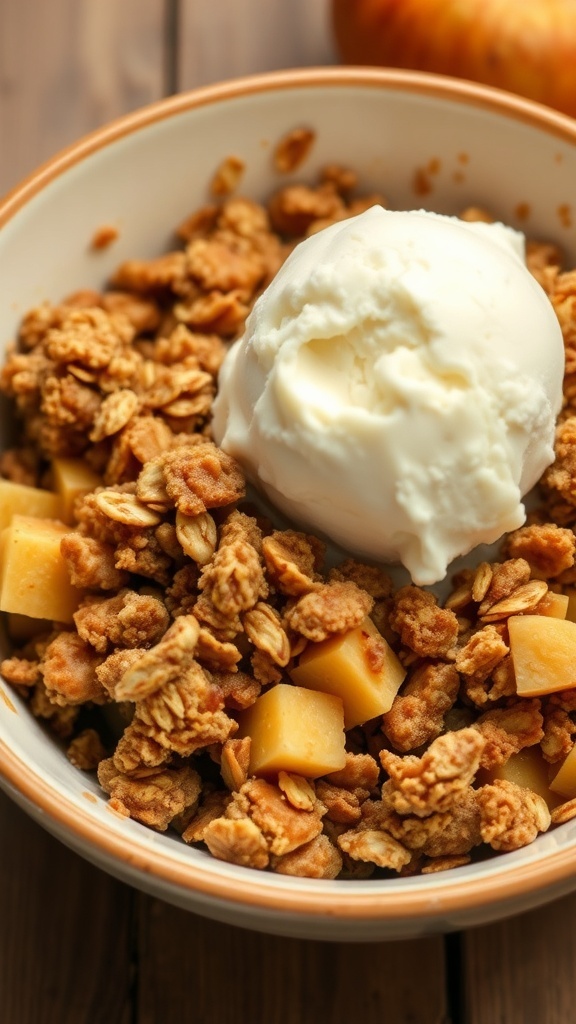 A bowl of cinnamon apple crisp topped with oats and a scoop of vanilla ice cream