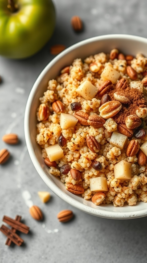 A bowl of cinnamon apple quinoa topped with nuts and a green apple in the background.