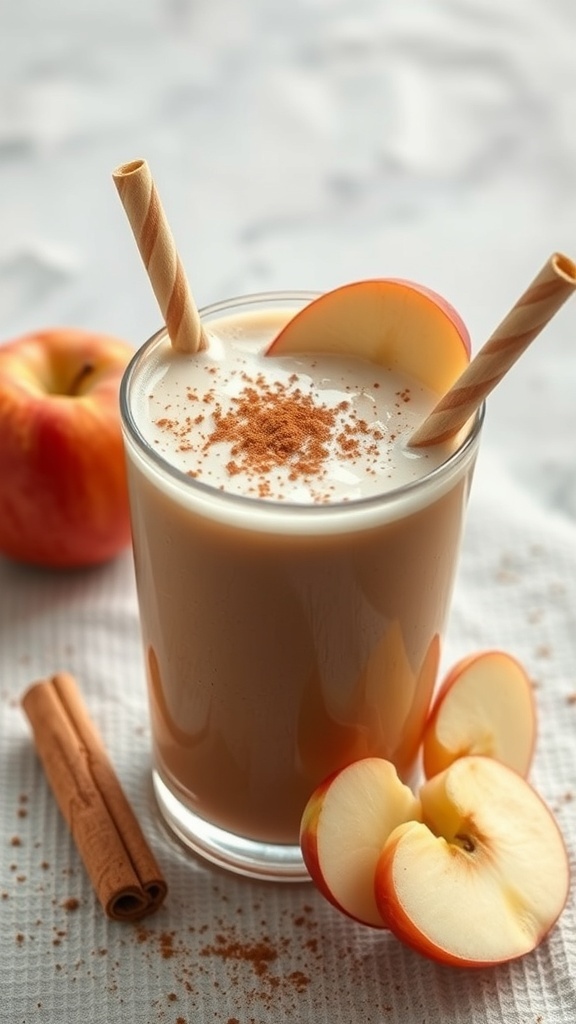 A creamy cinnamon apple smoothie in a glass, garnished with apple slices and cinnamon, with fresh apples and cinnamon sticks beside it.