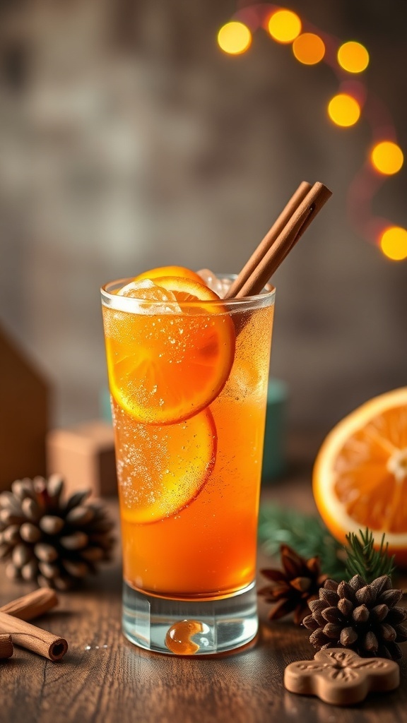 A refreshing Cinnamon Orange Sparkler mocktail with orange slices and cinnamon sticks, set against a cozy holiday backdrop.