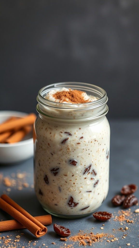 A jar of cinnamon raisin overnight oats topped with cinnamon, surrounded by cinnamon sticks and raisins.