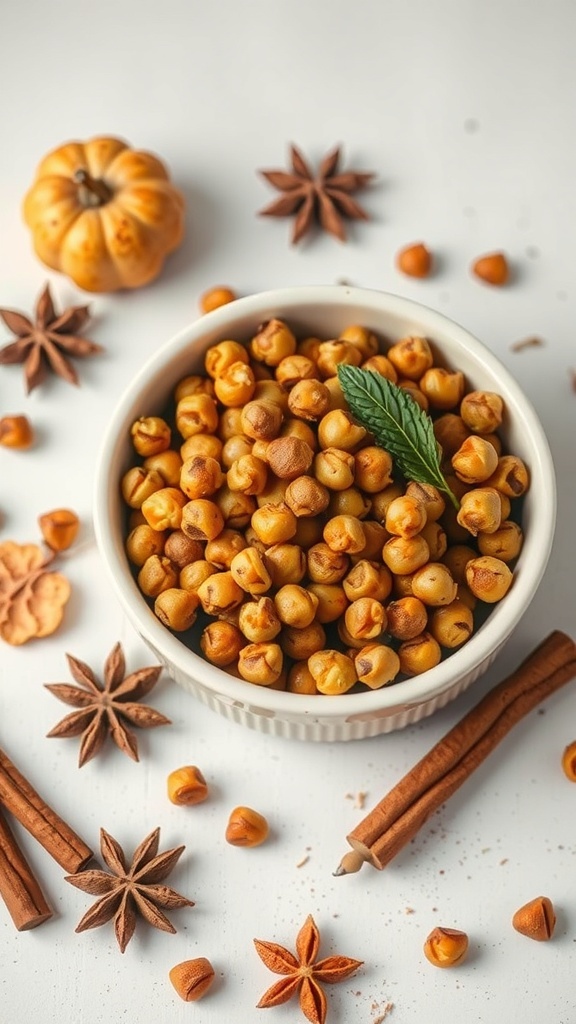 A bowl of cinnamon roasted chickpeas surrounded by autumn decorations like pumpkins and star anise.