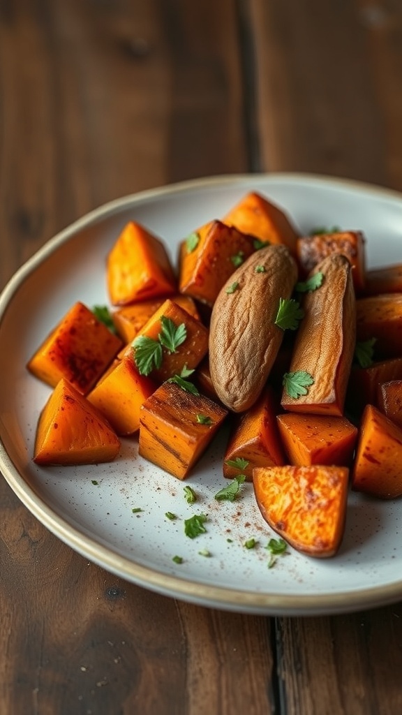 A plate of cinnamon roasted sweet potatoes garnished with herbs