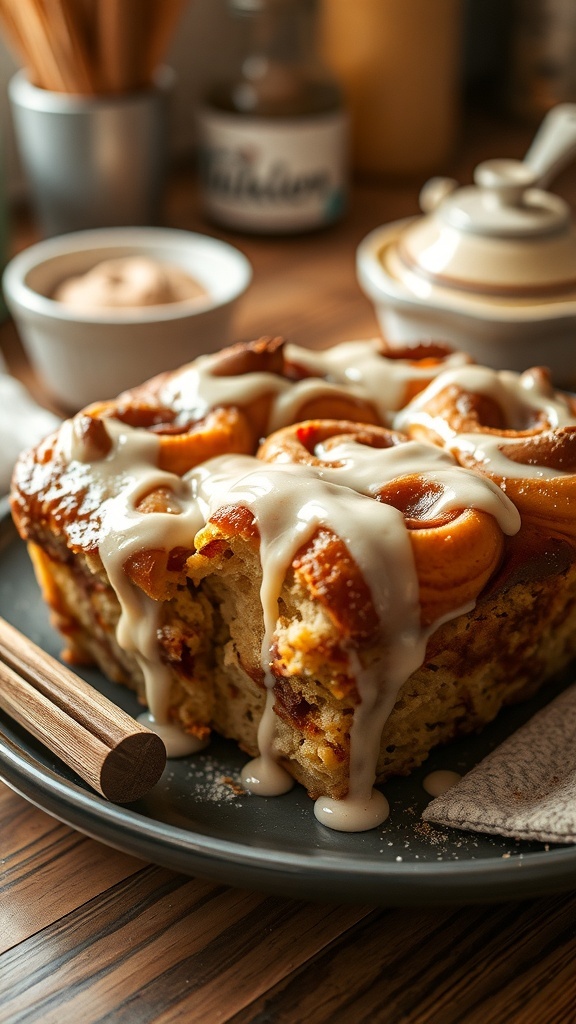 A slice of cinnamon roll bread pudding drizzled with icing on a plate, with cinnamon sticks and a small bowl of icing in the background.