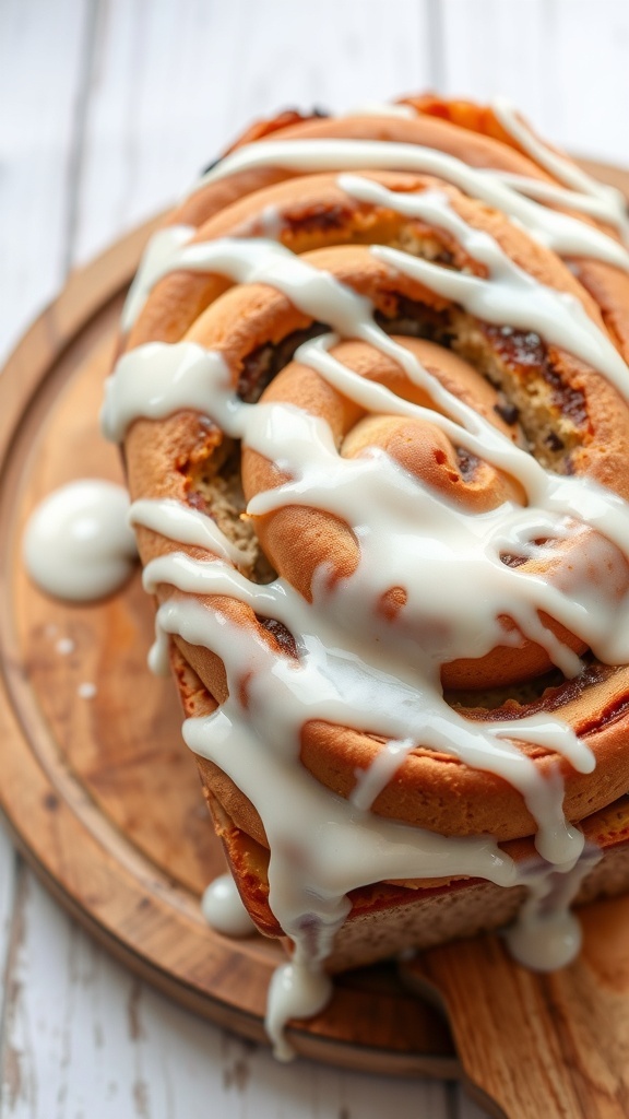 A loaf of cinnamon roll bread drizzled with icing on a wooden board.