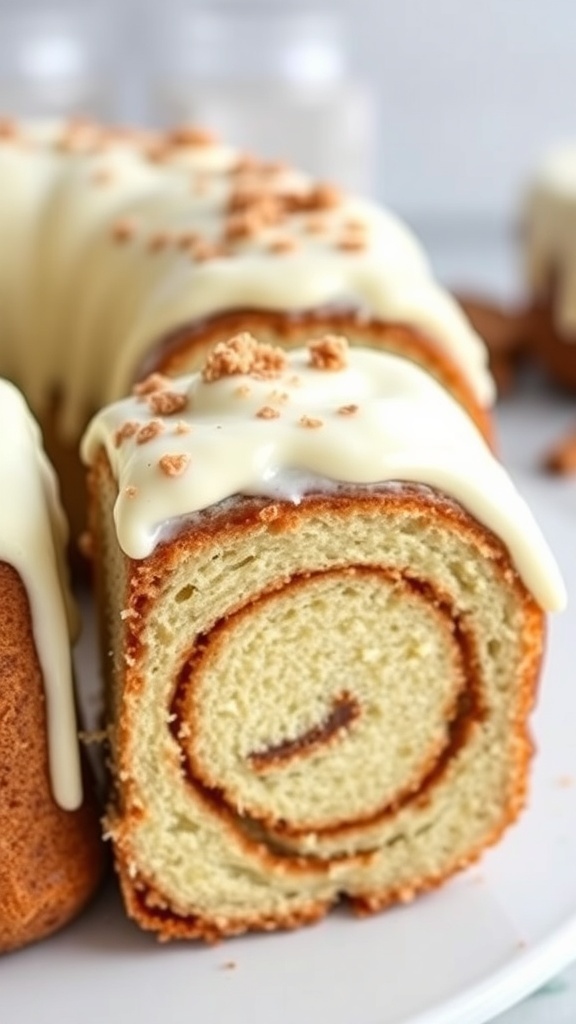 A beautifully glazed cinnamon roll cake topped with cream cheese icing.