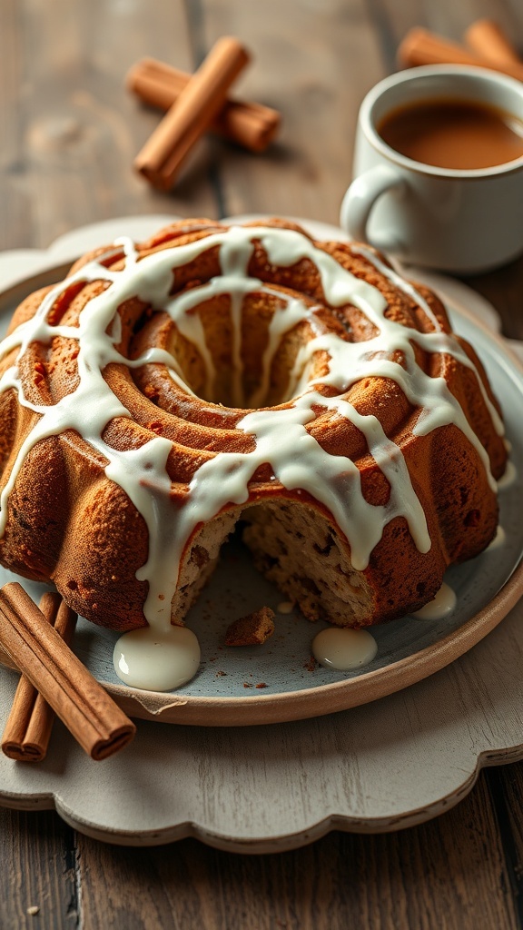 A bundt cake with cream cheese icing and cinnamon sticks, accompanied by a cup of coffee.