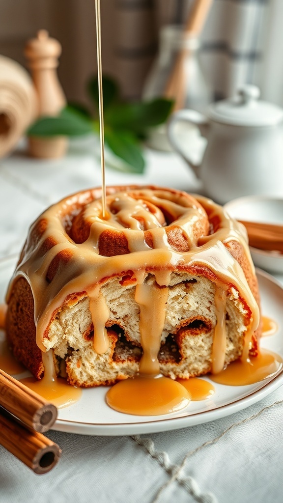 A cinnamon roll cake drizzled with maple icing, served on a plate with cinnamon sticks.
