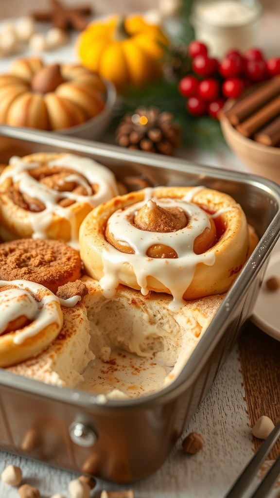 A delicious cinnamon roll casserole topped with icing, surrounded by festive decorations.