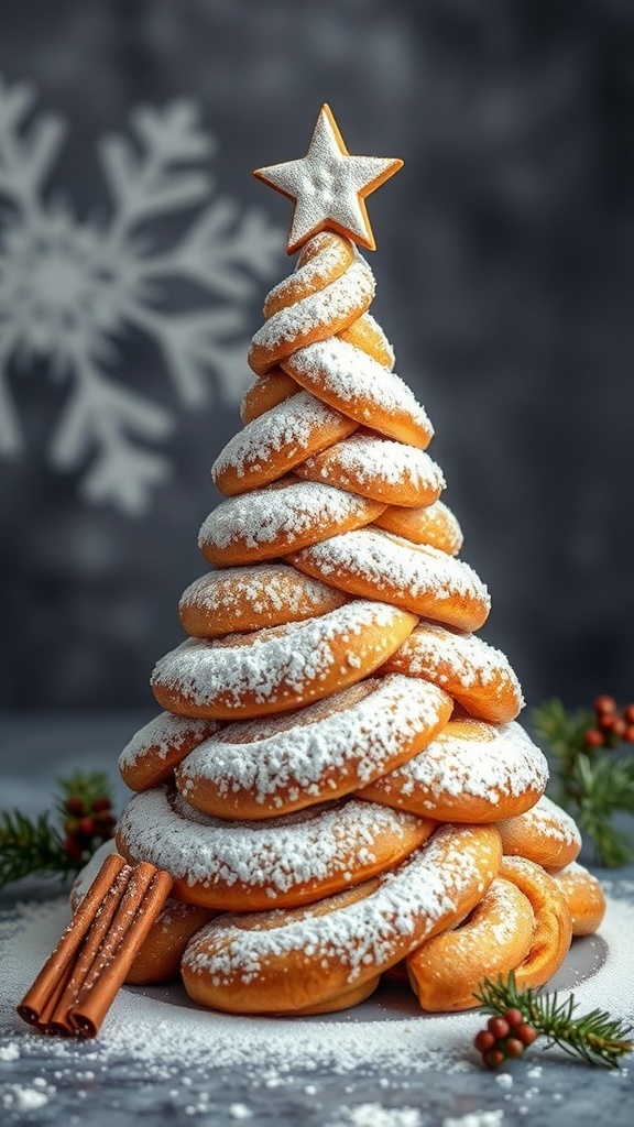 A beautifully arranged cinnamon roll Christmas tree, dusted with powdered sugar and topped with a star, surrounded by cinnamon sticks and festive decorations.