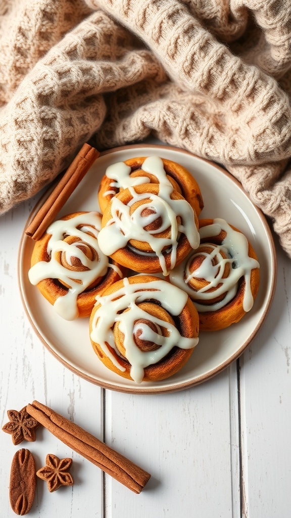 A plate of cinnamon roll cookies drizzled with icing, surrounded by cinnamon sticks and star anise.