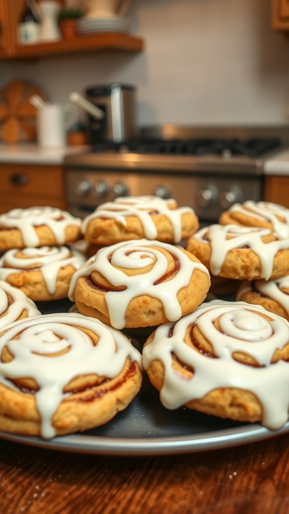 A plate of cinnamon roll cookies topped with cream cheese drizzle.