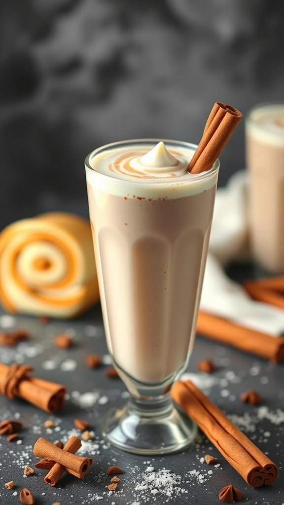 A delicious Cinnamon Roll Smoothie in a glass, topped with whipped cream and a cinnamon stick, surrounded by cinnamon rolls and chocolate chips.