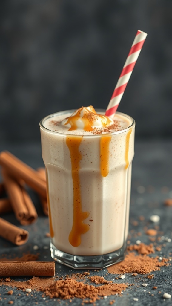 A delicious Cinnamon Roll Smoothie topped with whipped cream and caramel, surrounded by cinnamon sticks and cocoa powder.