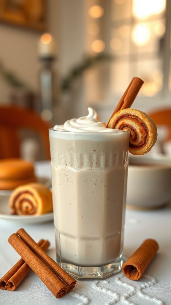 A creamy cinnamon roll smoothie topped with whipped cream and a cinnamon roll garnish, surrounded by cinnamon sticks and more cinnamon rolls.