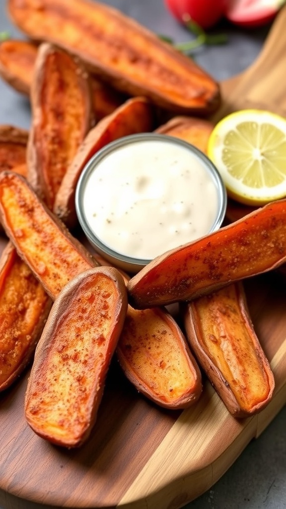 Cinnamon spiced sweet potato wedges served with a creamy dip