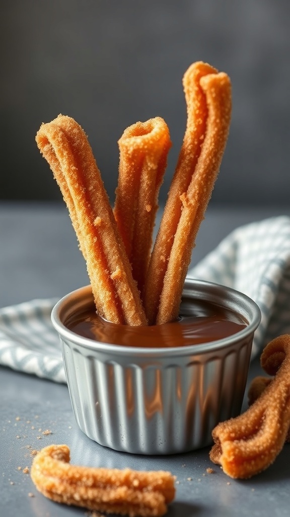 Three churros in a silver dish with chocolate sauce