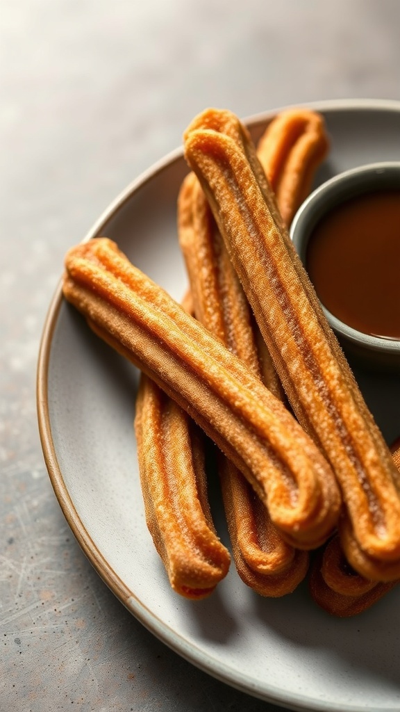 A plate of cinnamon sugar churros with a small bowl of chocolate sauce.