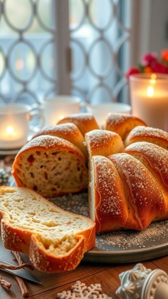 A beautifully baked cinnamon sugar pull-apart bread on a plate, with slices cut and a cozy setting in the background.