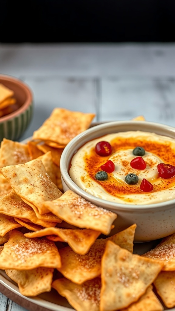 A plate of cinnamon sugar tortilla chips served with a creamy dip, garnished with colorful toppings.