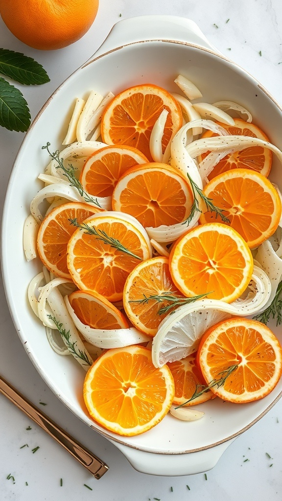 A bowl of Citrus and Fennel Salad with orange slices and fennel