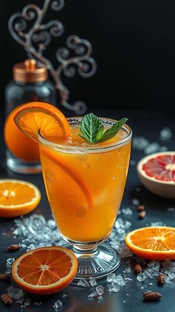 A refreshing Citrus Cauldron mocktail with orange slices and mint leaves, surrounded by ice and citrus fruits.
