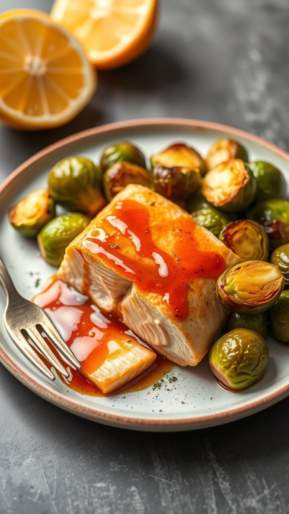 A plate of citrus glazed salmon with roasted Brussels sprouts, garnished with a citrus slice.